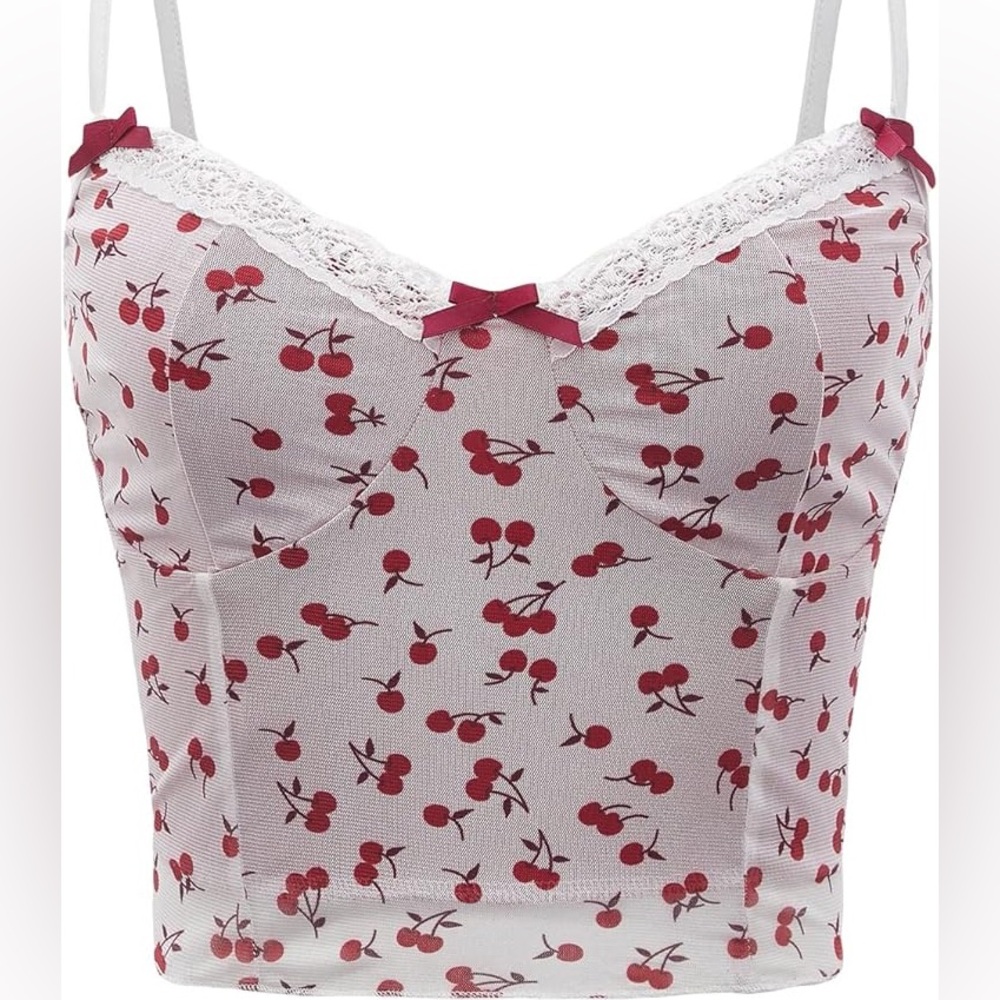 Brandy Lace Cherry Print V Neck Cami Crop Top